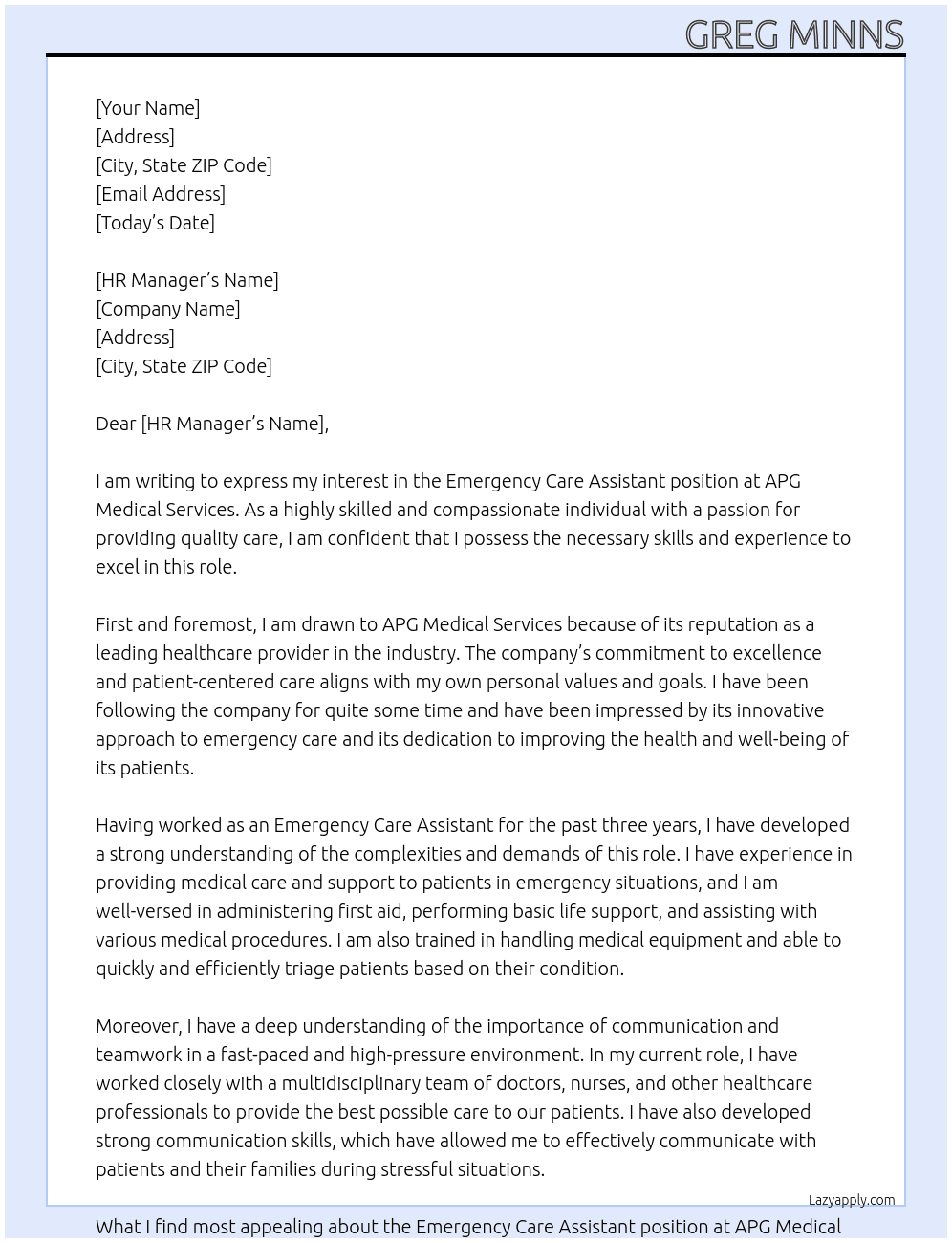 Emergency care assistant At APG Medical services Cover Letter