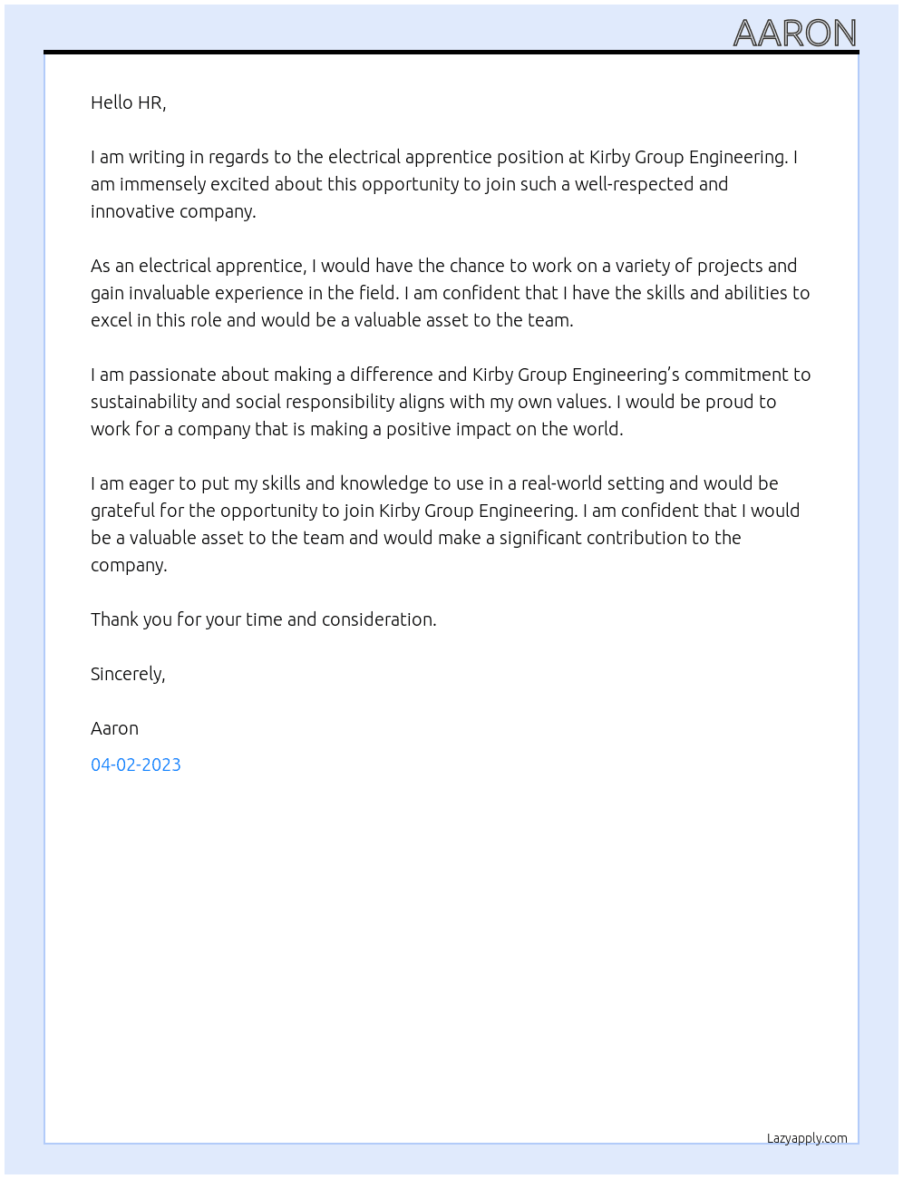 Electrical apprentice  At Kirby Group Engineering  Cover Letter
