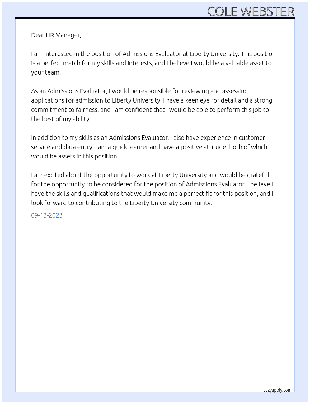 Admissions Evaluator At Liberty University Cover Letter