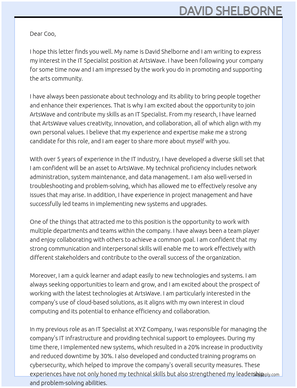 IT Specialist At ArtsWave  Cover Letter