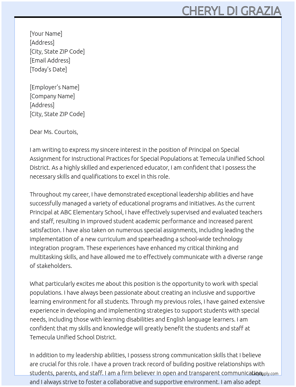 Principal on Special Assignment - Instructional Practices for Special Populations At Temecula Unified School District Cover Letter