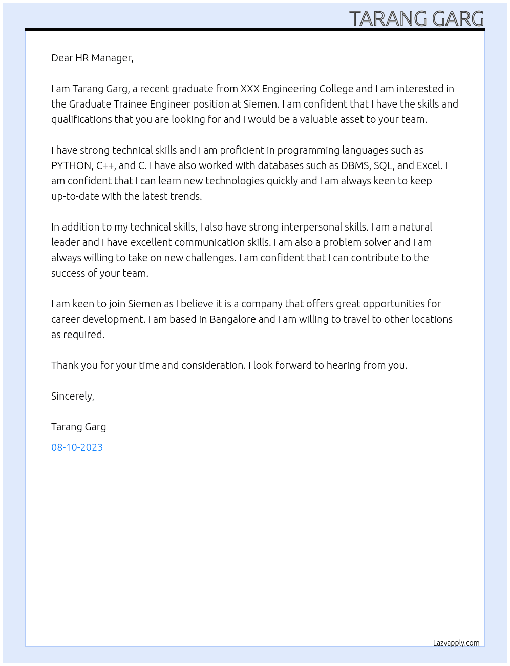 Graduate Trainee Engineer At Siemen Cover Letter