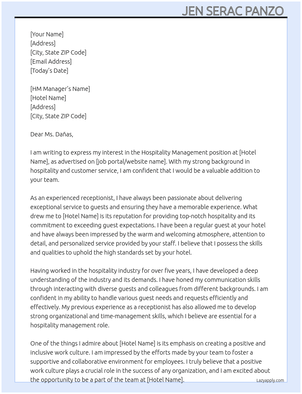 hospitality management  At Hotel as a Receptionist  Cover Letter