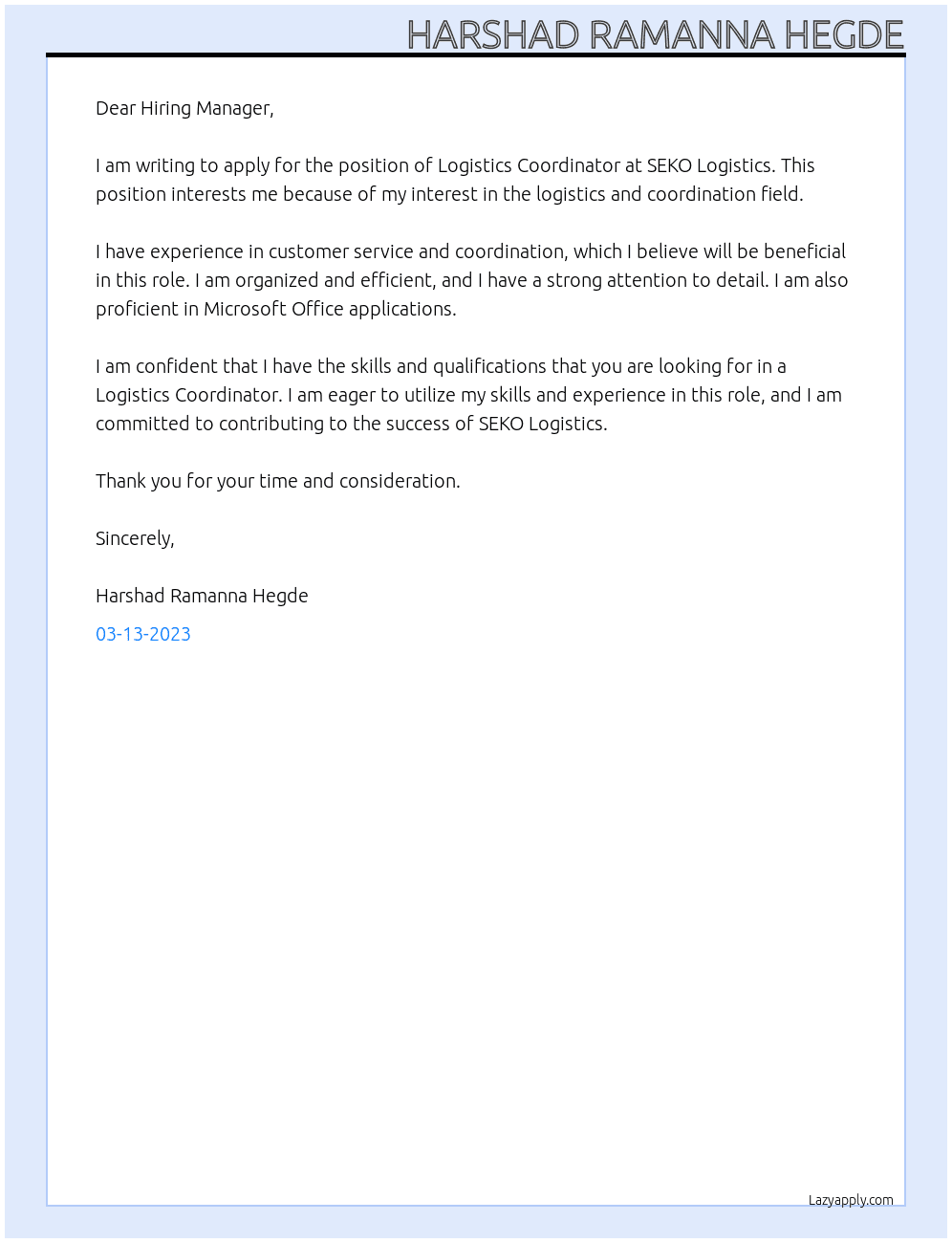 Logistics Coordinator At SEKO Logistics Cover Letter