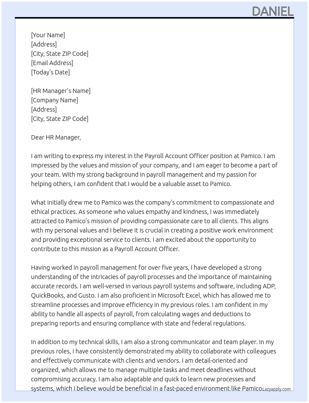 payroll acount officer At Pamico Cover Letter