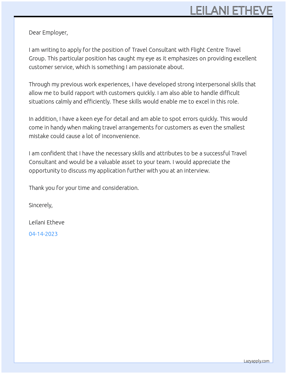 Travel Consultant  At Flight Centre Travel Group Cover Letter