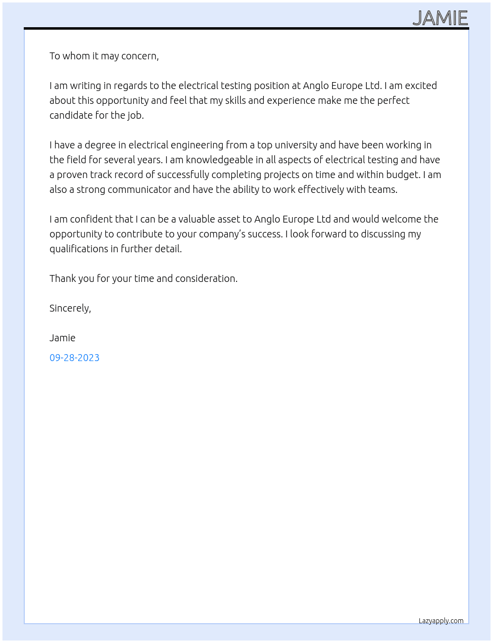 Electrical Testing At Anglo Europe Ltd Cover Letter
