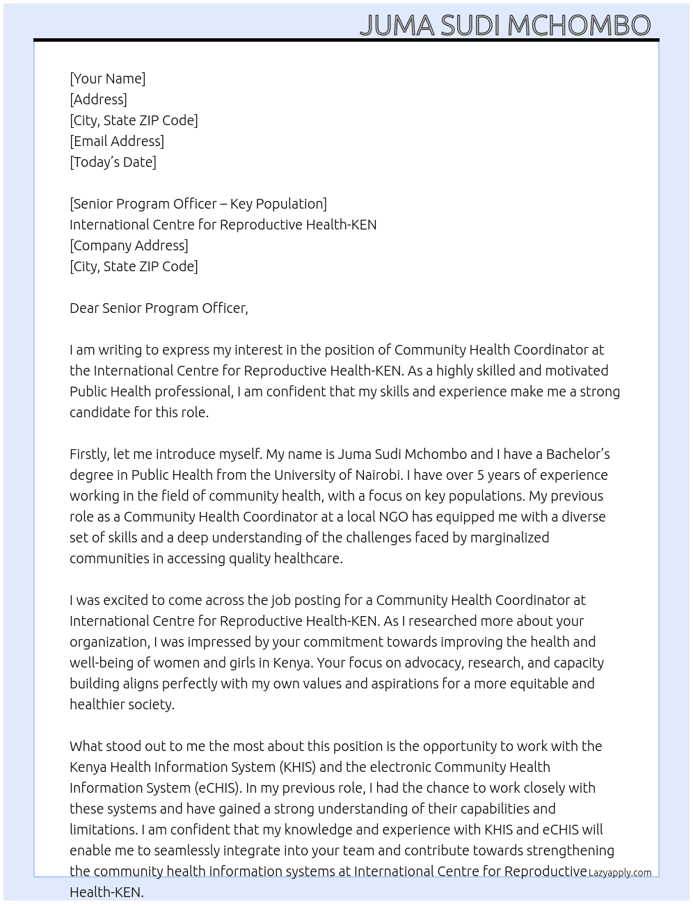 Community Health Coordinator  At International Centre For Reproductive Health-KEN Cover Letter