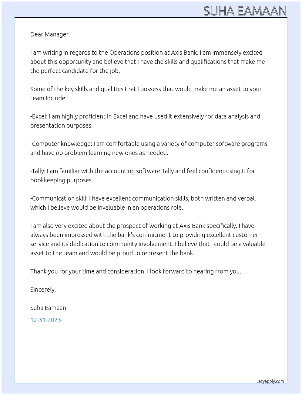 Operations At Axis bank Cover Letter