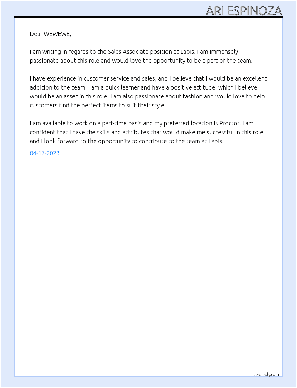 Sales associate At Lapis Cover Letter