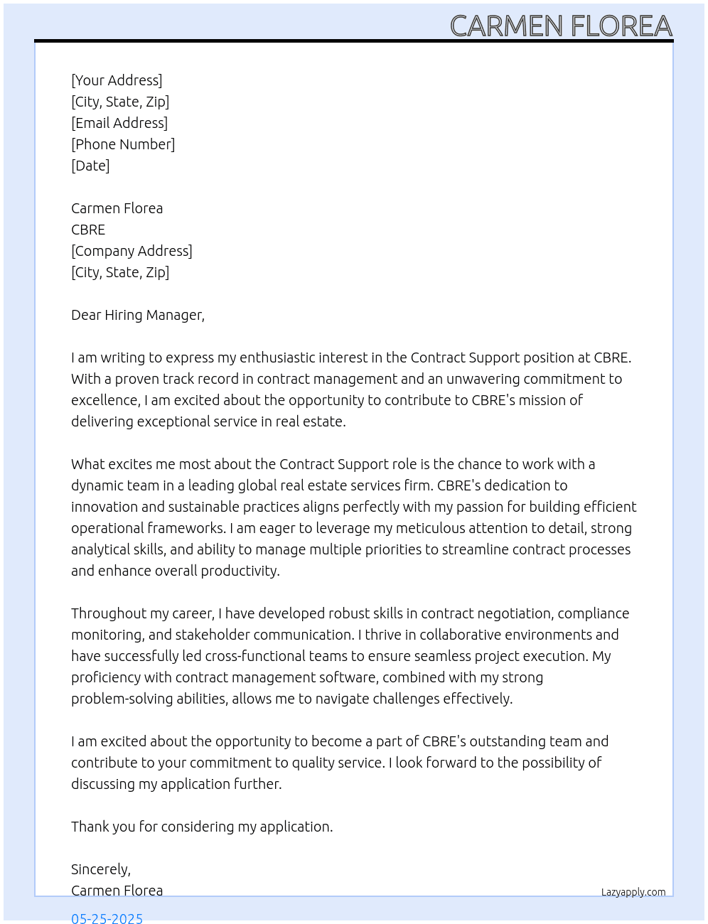 Contract Support At CBRE Cover Letter