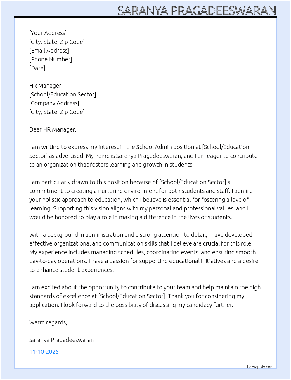 Cover letter for school admin vacancy - LazyApply