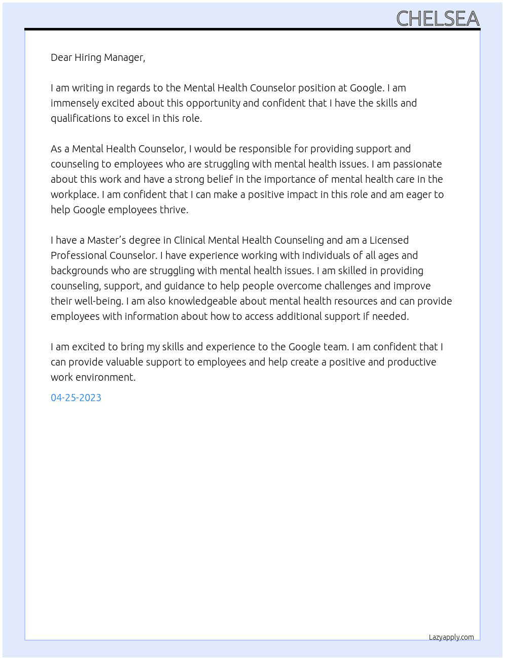 Mental Health Counselor At Google Cover Letter