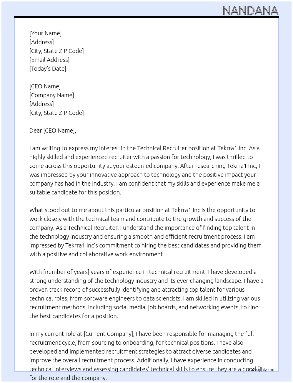 Technical Recruiter At Tekrra1 Inc Cover Letter