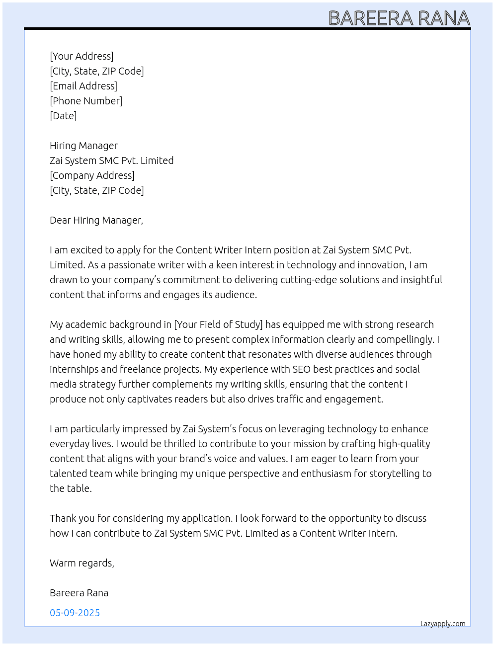 Cover letter for content writer intern - LazyApply