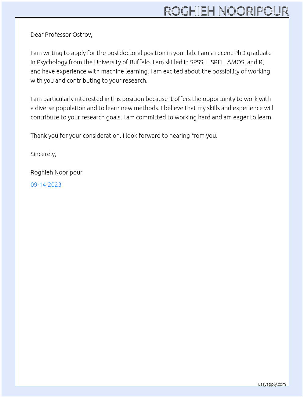 postdoctoral position At Professor of Psychology, University at Buffalo Cover Letter