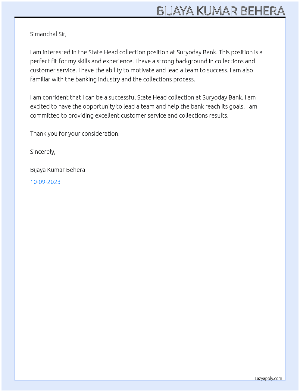 State Head collection  At Suryoday Bank  Cover Letter