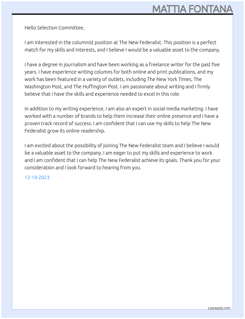Cover letter for columnist - LazyApply