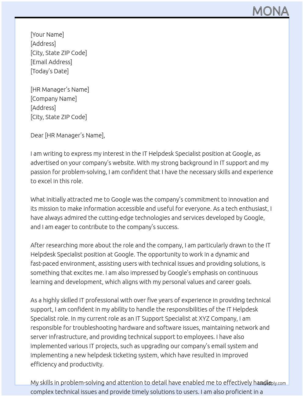 IT Helpdesk Specialist At google Cover Letter