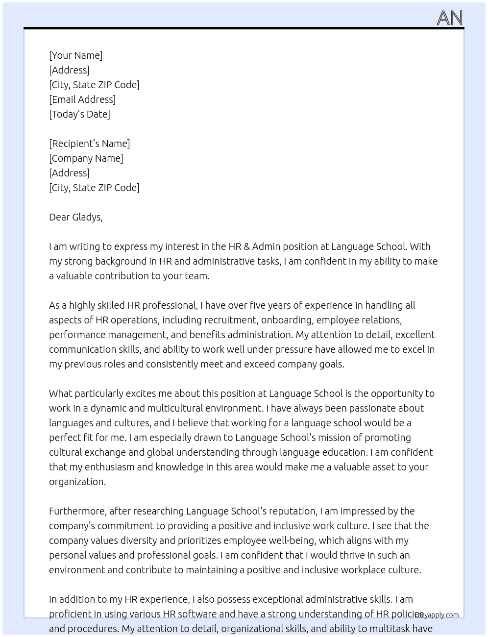 HR & Admin At Language School Cover Letter