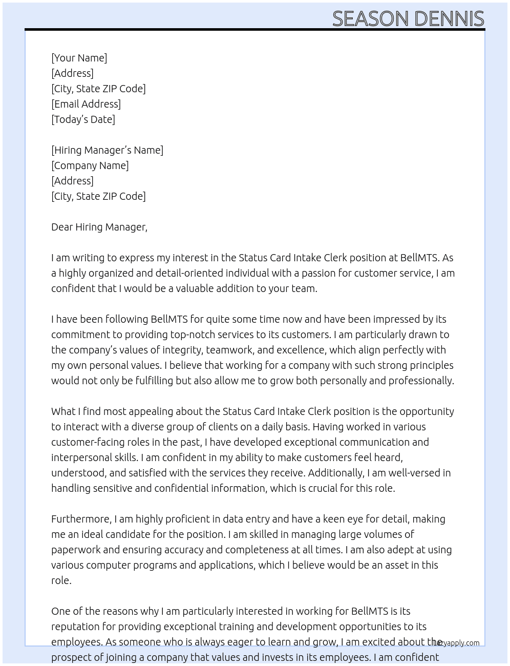 Status Card Intake Clerk At BellMTS Cover Letter