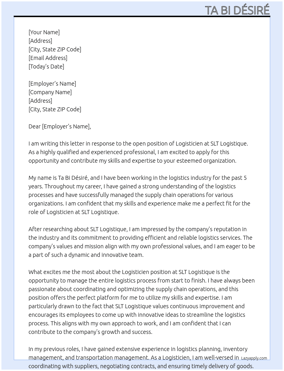logisticien  At slt logistique  Cover Letter