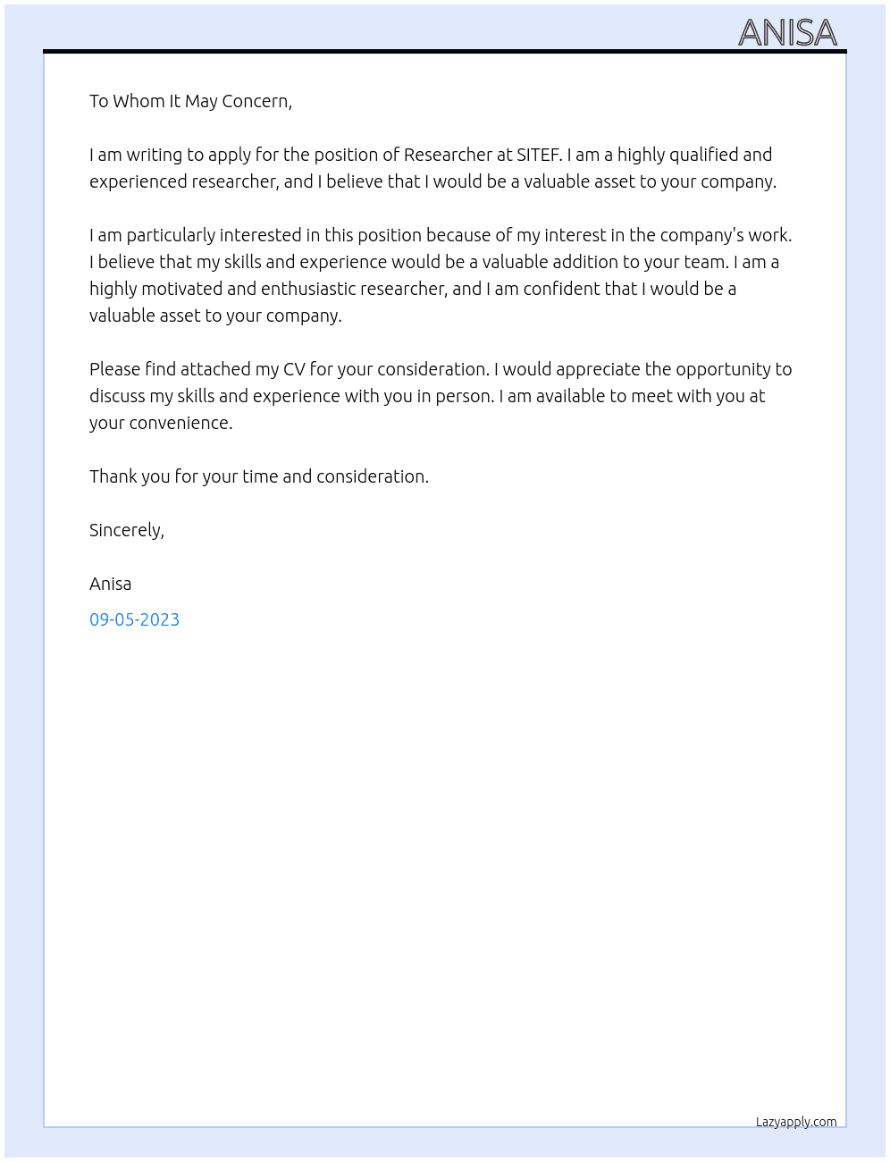 Researcher  At SITEF Cover Letter
