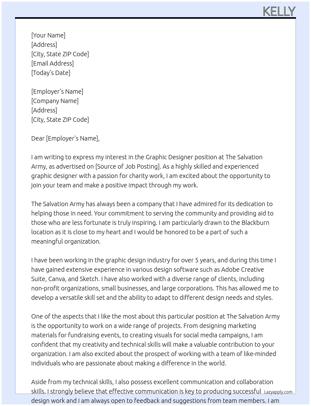 Graphic designer At The salvation army Cover Letter