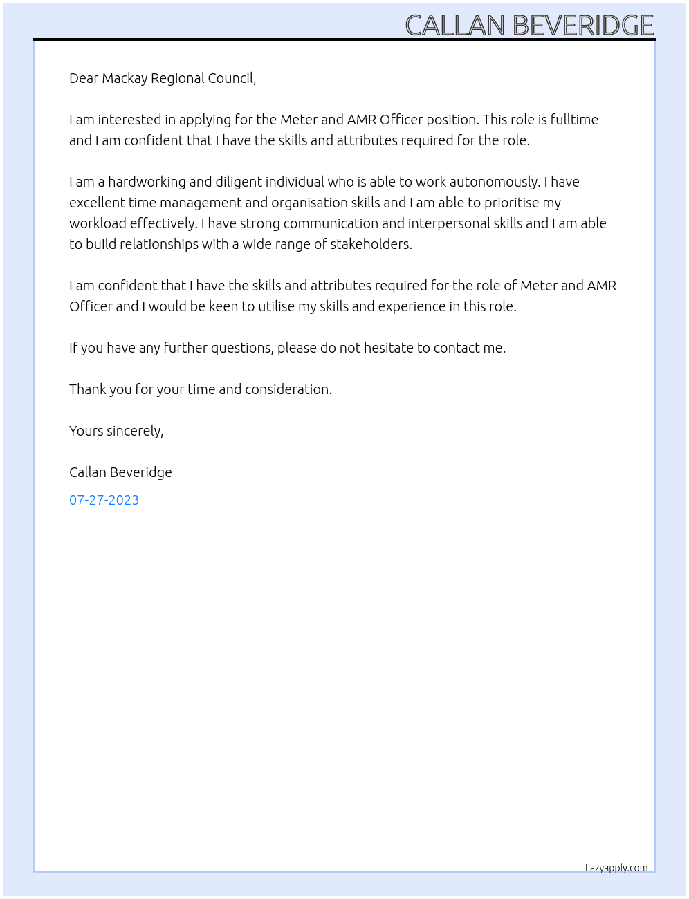 Meter and AMR Officer At Mackay Regional Council Cover Letter
