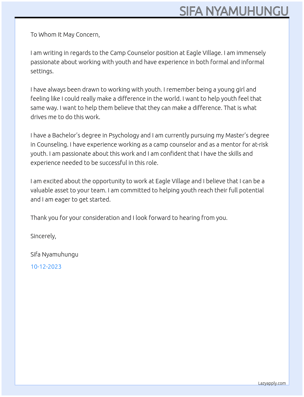 Camp Counselor At Youth Specialist  Cover Letter
