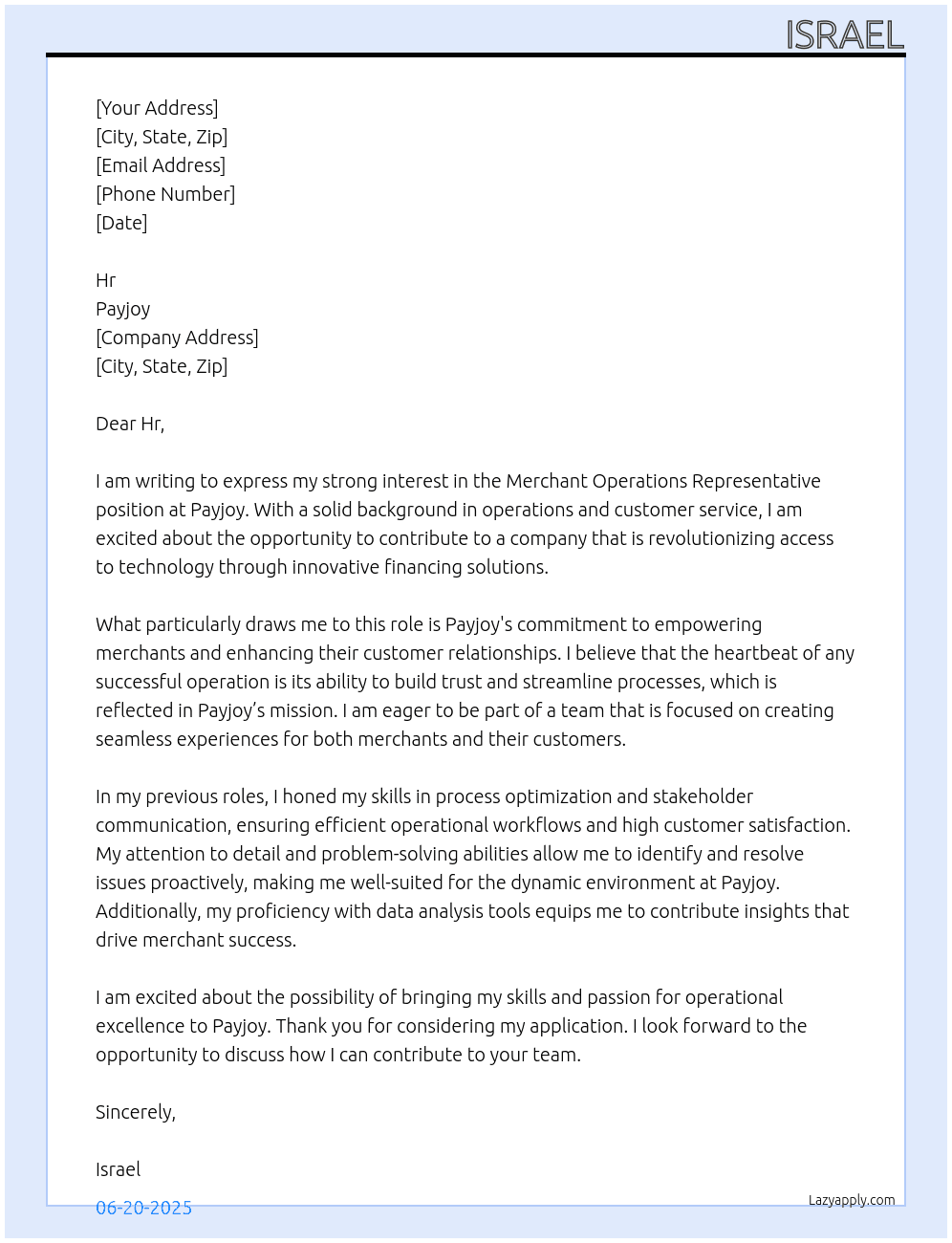 Cover letter for merchant operations representative - LazyApply