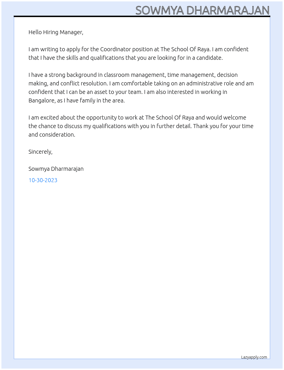 Coordinator At The School Of Raya Cover Letter