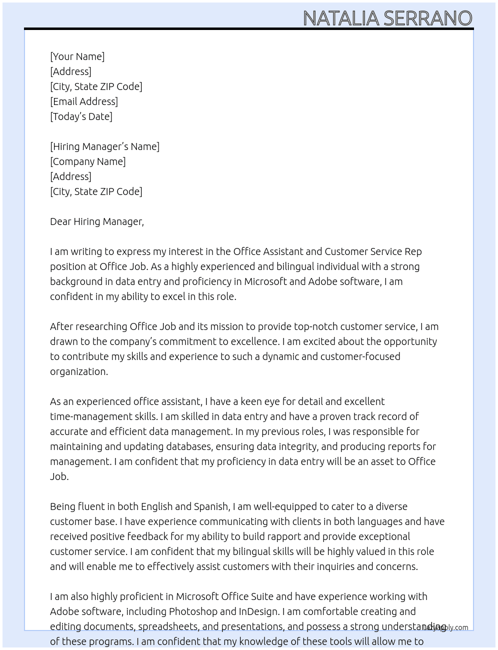 office assistant, customer service rep At Office job Cover Letter