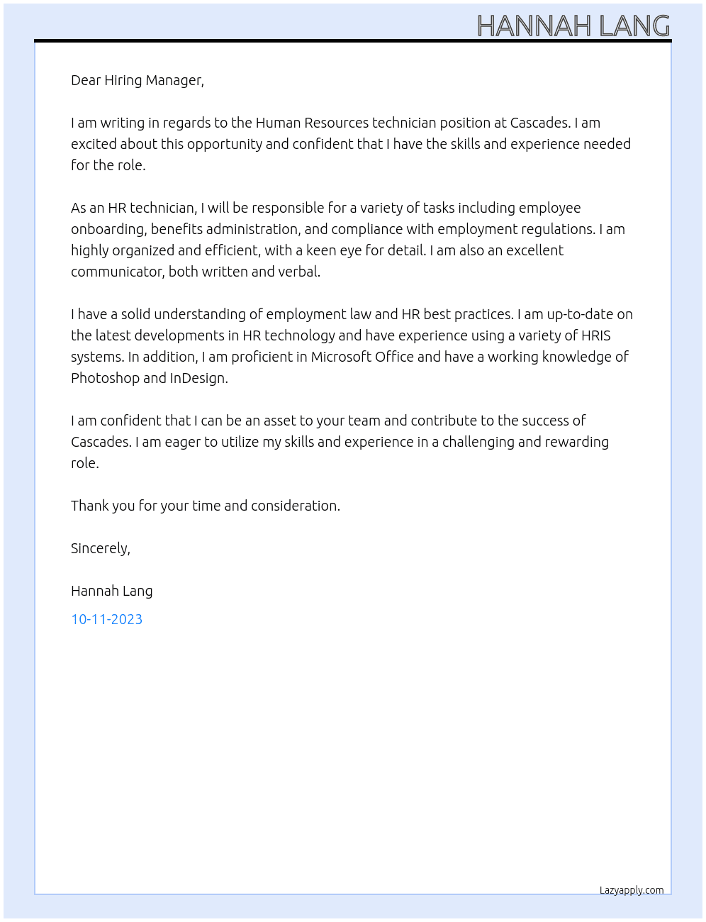 Human Resources technician  At Cascades  Cover Letter