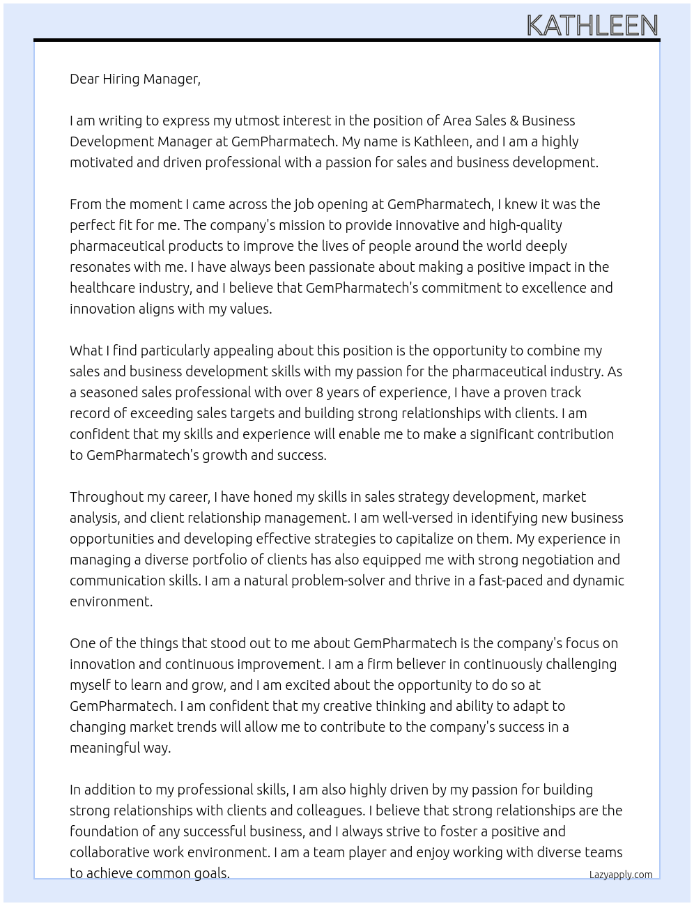 Area Sales & Business Development Manager  At GemPharmatech Cover Letter