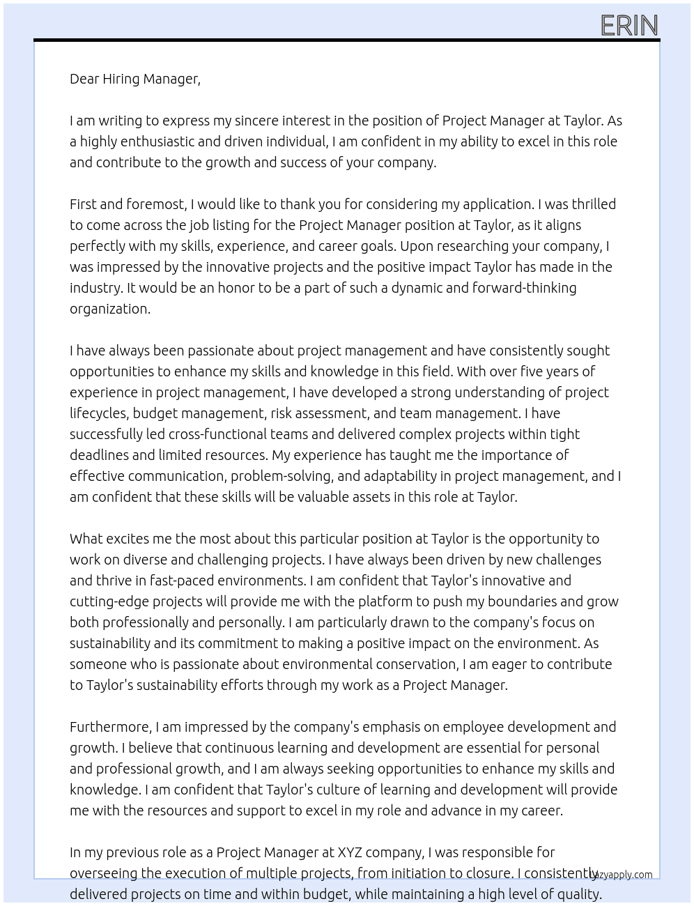 Project Manager At Taylor Cover Letter
