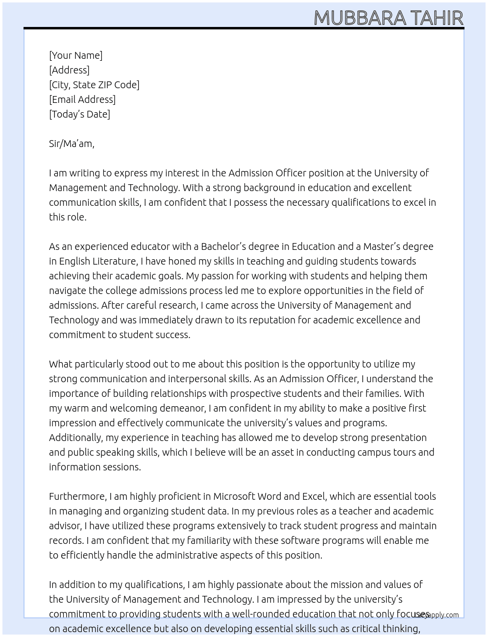 Admission officer  At University of management and technology  Cover Letter