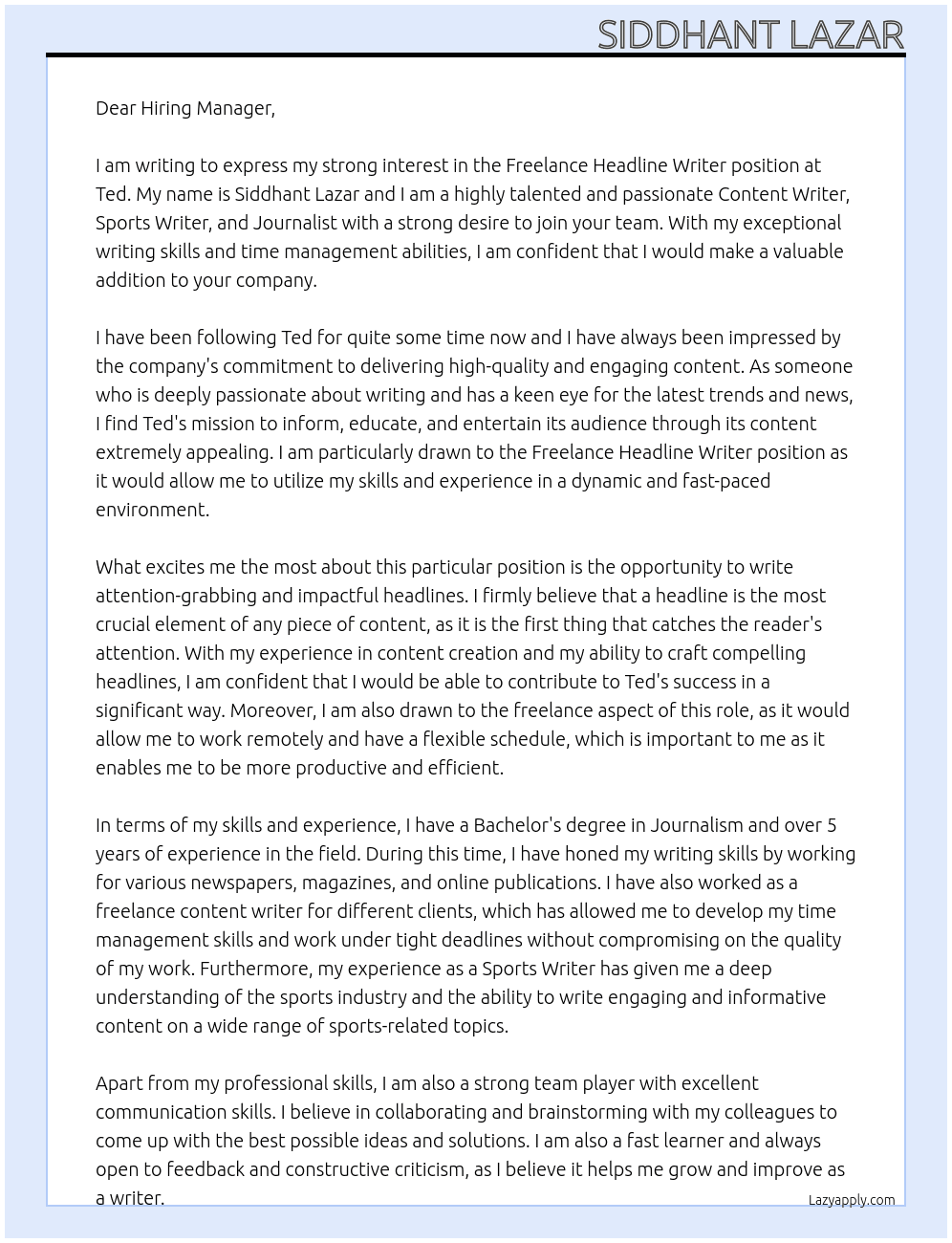 Freelance Headline Writer At Ted Cover Letter