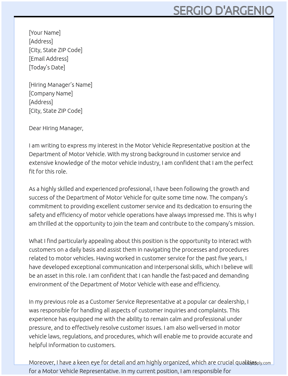 Motor Vehicle Representative At Department of Motor Vehicle   Cover Letter