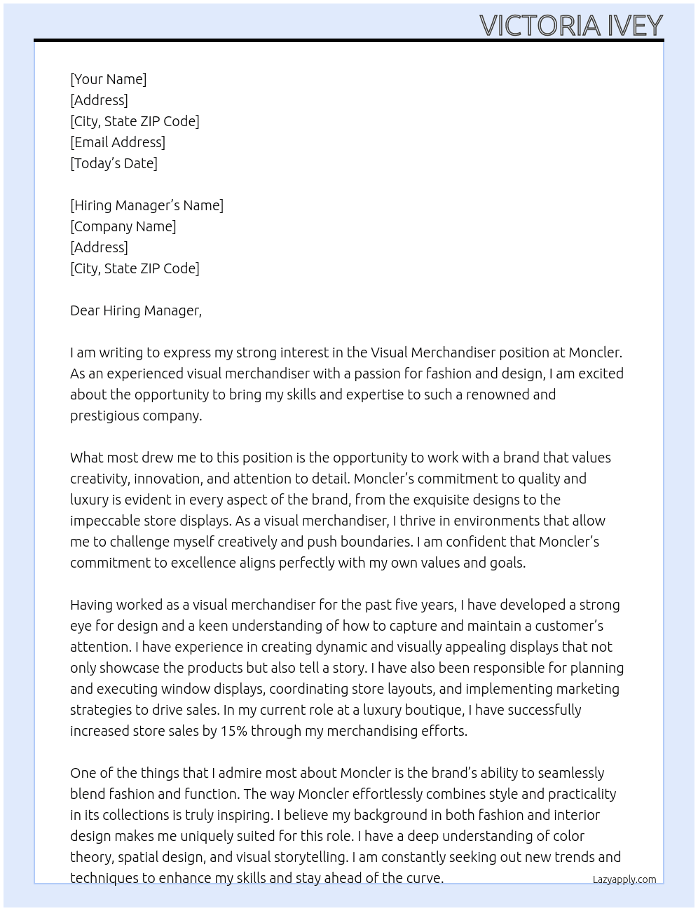 Visual Merchandiser At Moncler Cover Letter
