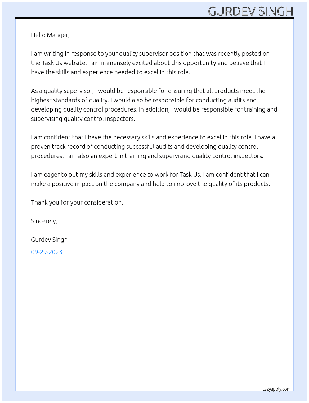 Quality supervisor At Task Us Cover Letter