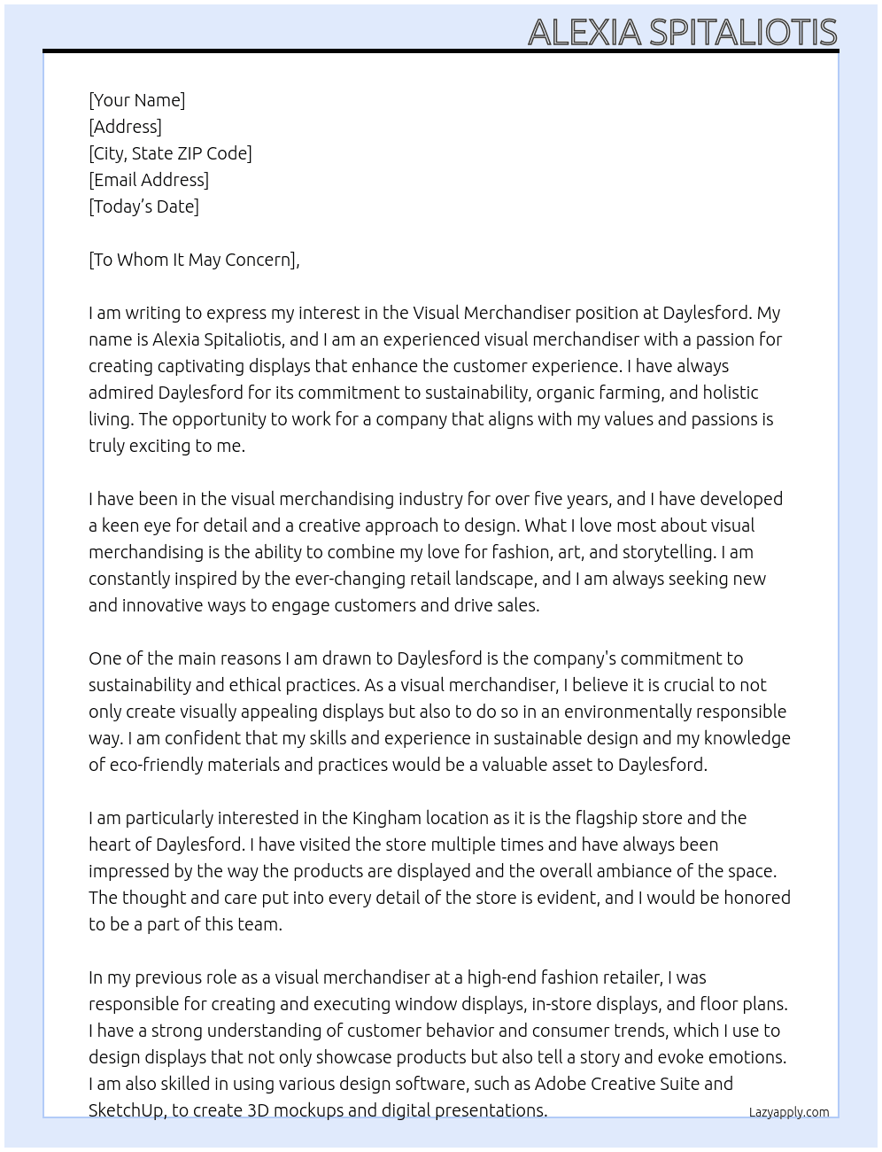 Visual Merchadiser At Daylesford Cover Letter