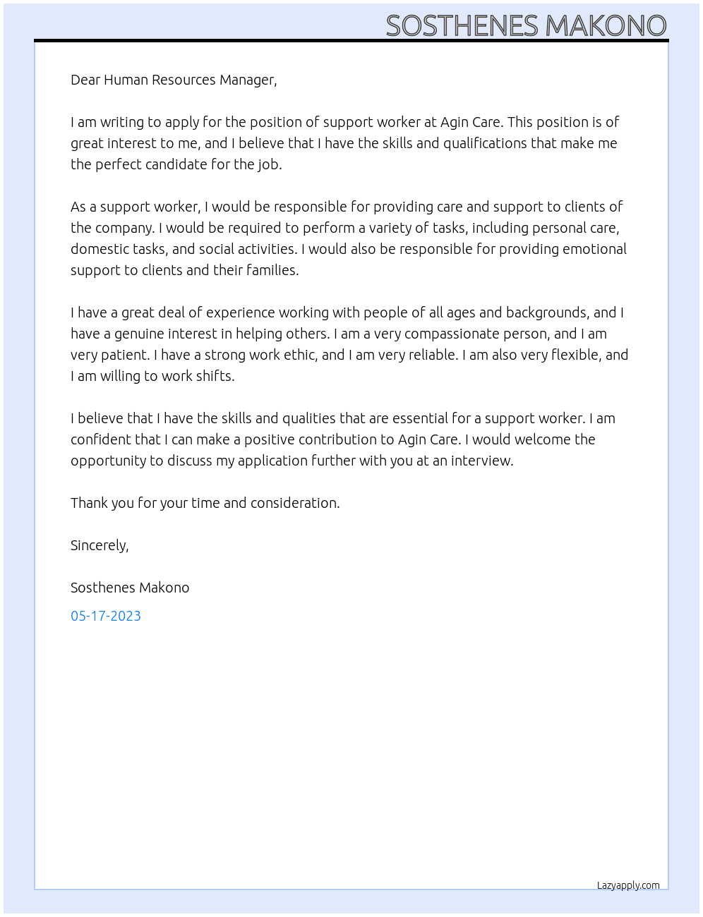 support worker At Agin Care Cover Letter
