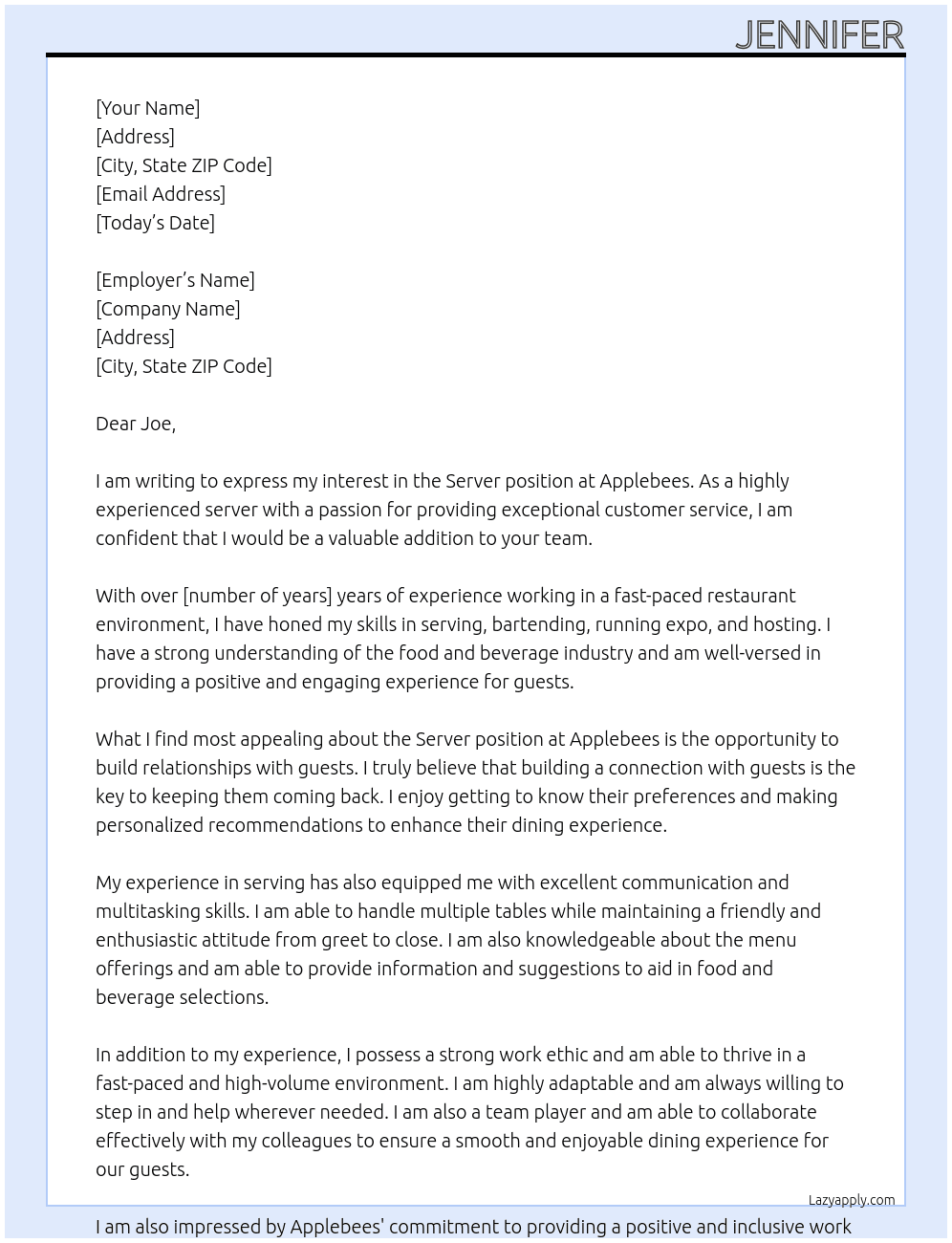 Server At Applebees Cover Letter