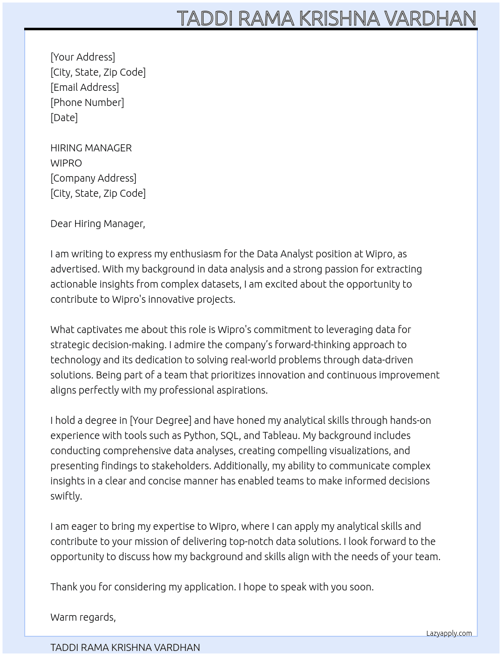 DATA ANALYST At WIPRO Cover Letter