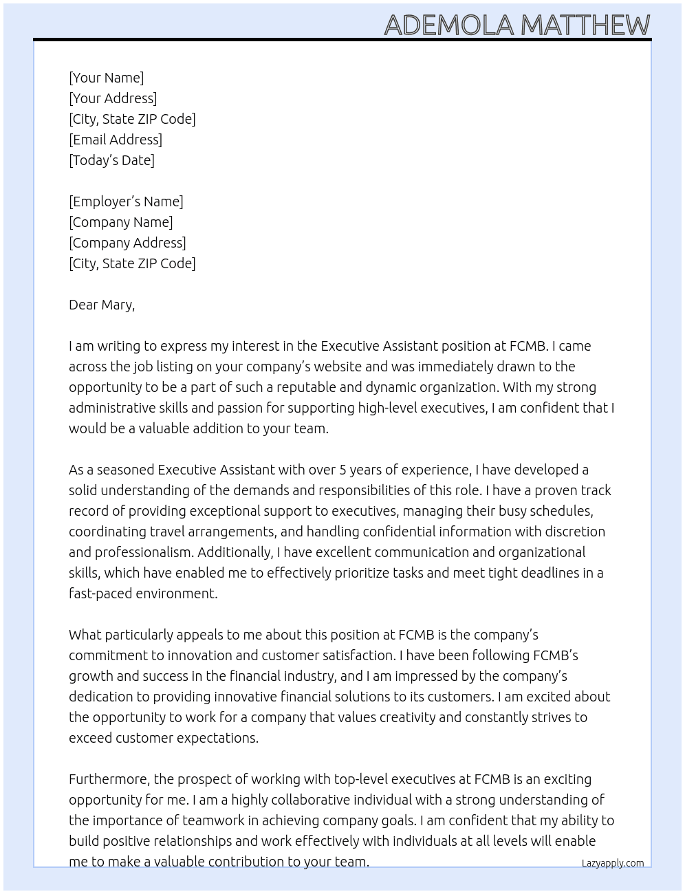 Executive Assistant At FCMB Cover Letter