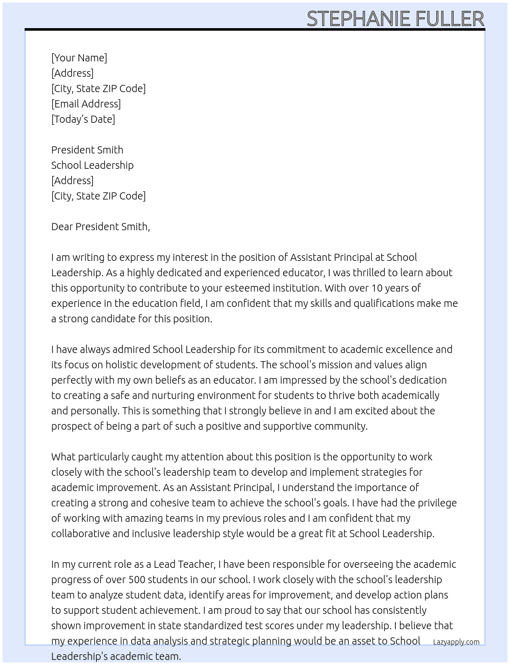 Assistant Principal At School Leadership  Cover Letter