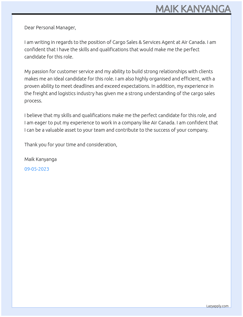 Cargo Sales & Services Agent  At Air Canada Cover Letter