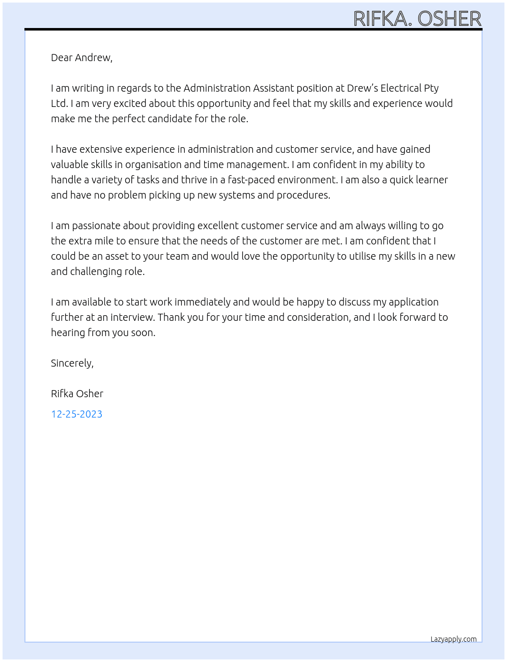 Administration Assistant  At Drew’s Electrical Pty Ltd Cover Letter