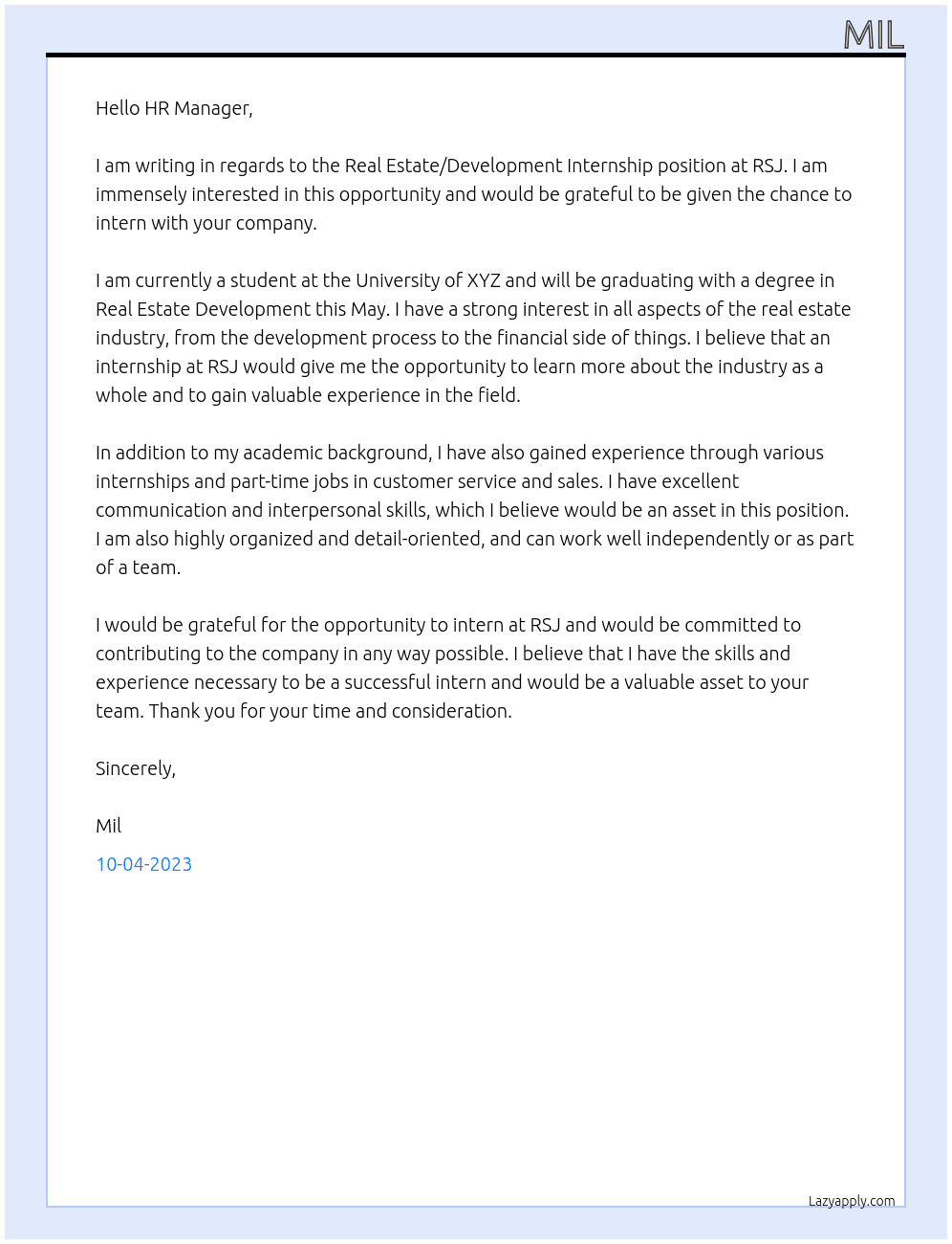 Real Estate/Development Internship At rsj Cover Letter